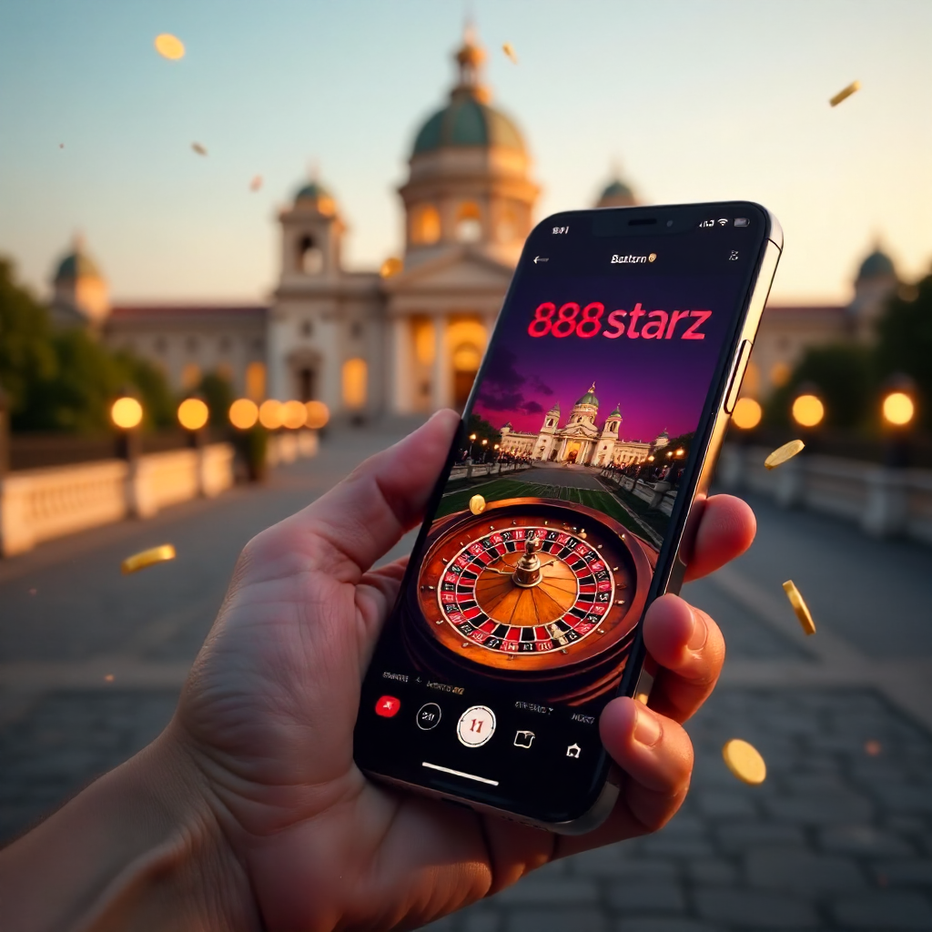 A premium smartphone held in a hand featuring the 888starz app, with the Palace of Culture and Science in Warsaw in the background, official red and white brand colors, 3D flying golden coins and roulette elements, cinematic lighting, 8k.